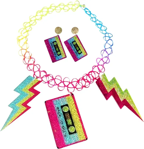 Vista 7 de Hupplle Accesorios de los años 80 y 90 para mujer, collar de acrílico de neón retro con casete de rayos, colgante de radio, joyería colorida