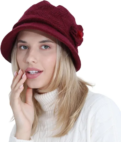 Vista 72 de C-US - Gorro de punto cálido para mujer, con visera de ganchillo con acento de flores