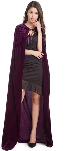Vista 4 de Capa de terciopelo con capucha, capa unisex para disfraz de Halloween para mujeres y hombres (morado)