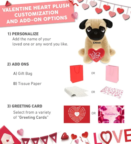 Vista 2 de DolliBu I Love You - Peluche de San Valentín con ojos grandes, lindo animal de peluche con corazón rojo y nombre, regalo personalizado para el día