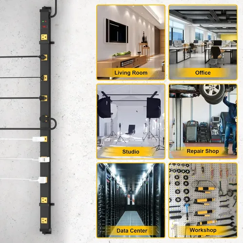 Vista 7 de Protector de sobretensiones de 10 tomas, tira de alimentación industrial larga de metal amplio para garaje, resistente con cable de 6 pies, 15 A