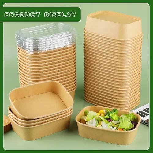 Vista 7 de Paquete de 25 cuencos de papel de 19 onzas, recipientes desechables con tapas, cuencos rectangulares desechables con tapas, cuencos de ensalada