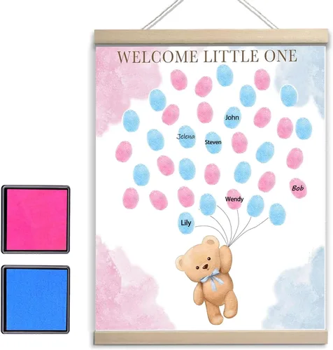 Vista 8 de QZCYU Libros de invitados de lienzo con huellas dactilares para revelación de género, decoraciones de baby shower, decoración de fiesta