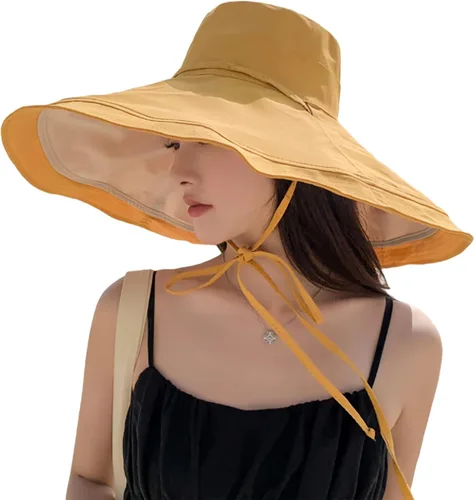 Vista 23 de Sombrero de sol de ala súper ancha para mujer, de algodón, plegable, reversible, con borde con cable, protección UV, verano, playa, viajes, jardín