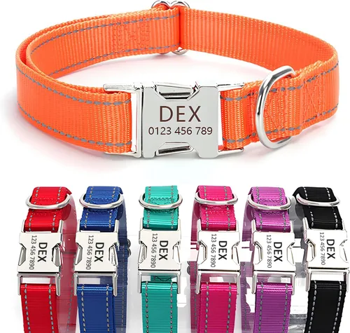 Vista 18 de Collar de perro de nailon reflectante personalizado con etiqueta de nombre Collares de perro con hebilla dorada grabados personalizados Collar