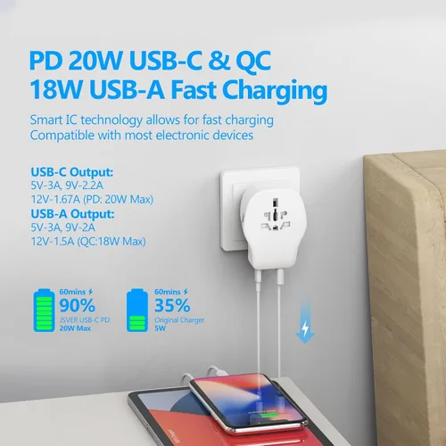 Vista 4 de JSVER Juego de adaptadores de viaje internacional con 3 puertos USB, 1 enchufe de CA, incluye accesorios desmontables tipo B, I, G, E/F para usar