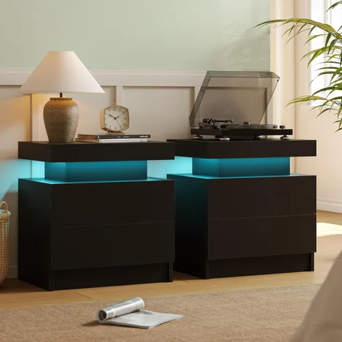 Vista 9 de Juego de 2 mesitas de noche con 2 cajones de madera, moderna mesita de noche LED para dormitorio