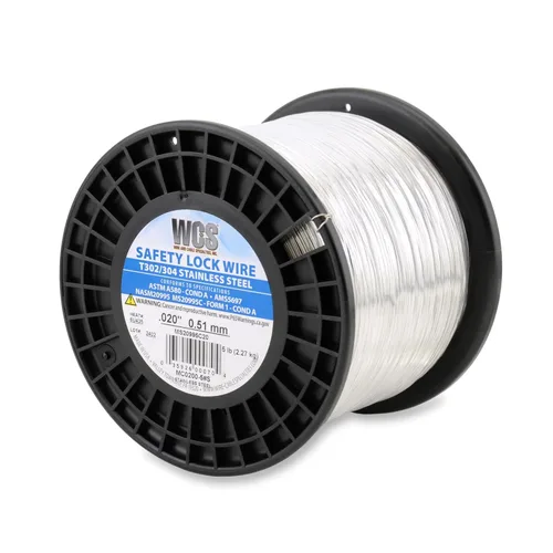 Vista 20 de Alambre de bloqueo, T302/304 de acero inoxidable, NASM20995, MS20995C, ASTM A580 Cond A, AMS5697, 0.020 pulg (0.51 mm), 1 lb (0.45 kg) Lata