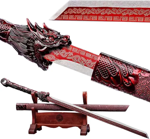 Vista 10 de Espada de hoja recta de acero al carbono hecha a mano con patrón genial, espada Dragón Tang Dao china Dorado