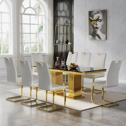 Vista 59 de 5 Piece Black Marble Dining Table Set for 4, Modern Faux Marble Kitchen Dining Room Tables with 4 Leather Chairs Set, 68.11" Luxury Rectangular