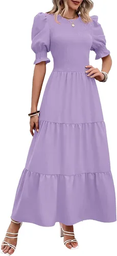 Vista 138 de BTFBM Vestidos para mujer, cuello redondo, casual, de verano, con volantes, manga corta, bohemio, con niveles, fruncido, largo, con estampado floral