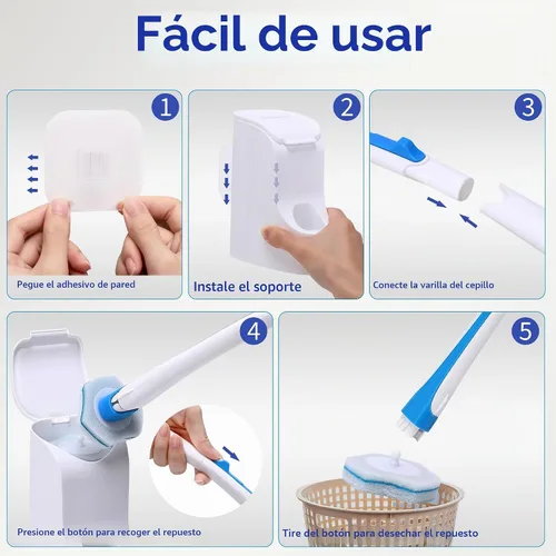 Vista 4 de Cepillo de inodoro desechable con 40 repuestos, montado en la pared, sistema de limpieza compacto de barra de baño, mango largo con organizador