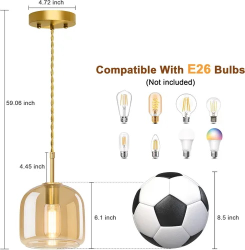 Vista 3 de Luces Colgantes de Isla de Cocina - Luz Colgante Dorada, Luces Colgantes de Latón Estilo Granja con Pantalla de Vidrio Ámbar, Luz Colgante Ajustable