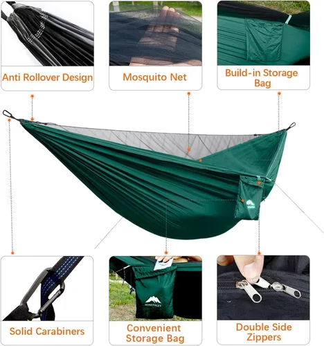 Vista 2 de Hamaca de camping – Hamaca portátil con mosquitera, hamaca ligera para mochilero, columpio, accesorios de campamento para interiores, exteriores