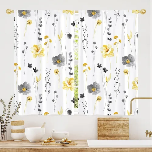Vista 8 de Gibelle Cortinas de cocina rústicas de eucalipto estilo granja boho florales botánicas de salvia hojas verdes pequeñas y cortas para ventanas