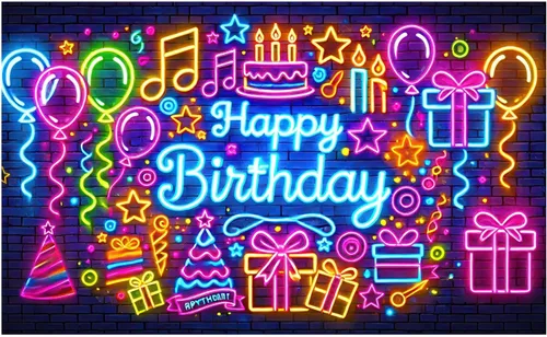 Vista 8 de HOMETITUTE Cartel de neón para fiesta de cumpleaños que brilla en la oscuridad, telón de fondo de fotografía de fiesta de cumpleaños neón para niños