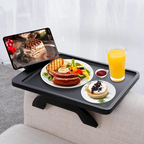 Vista 13 de SINWANT Mesa de Brazo para Sofá, Mesas de Reposabrazos de Sofá de Madera de Acacia, Mesa de Reposabrazos de Sofá con Soporte para Teléfono de 360°