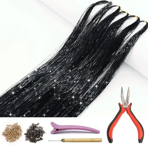 Vista 9 de Kit de extensión de cabello con herramientas e instrucciones, fácil de usar, 1000 mechones, 47 pulgadas, extensiones de cabello con purpurina Fairy