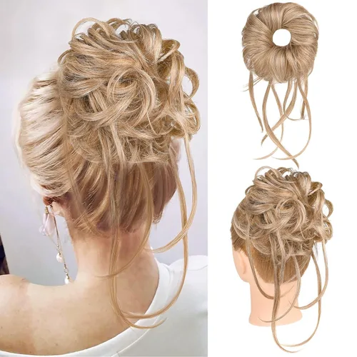 Vista 14 de HOOJIH Pieza de pelo desordenado de moño – Extensiones superlargas despeinadas, cola de caballo ondulada con banda elástica para mujeres y niñas