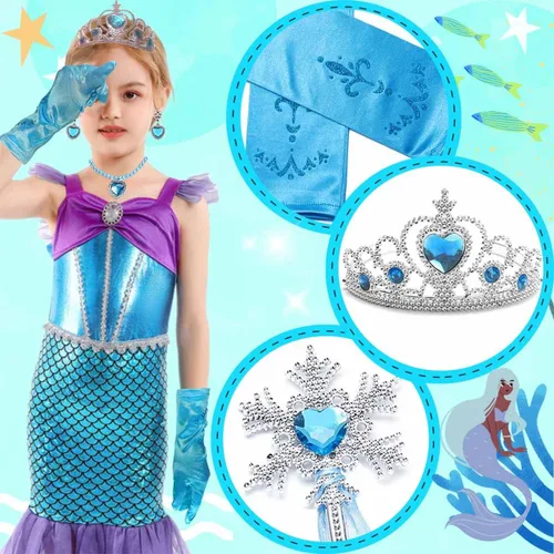 Vista 4 de Krarici Disfraz de sirena pequeña para niñas vestido de fiesta de princesa para fiesta con guantes accesorios de corona maza 3-10 años