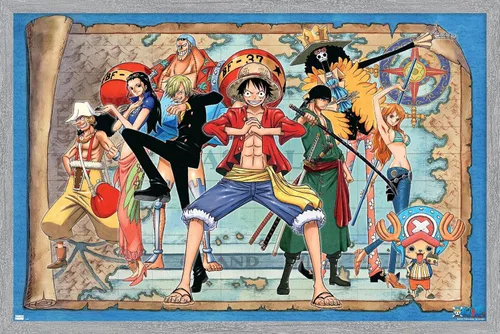 Vista 16 de One Piece - Póster de pared con mapa grupal, 22.4 pulgadas de largo x 14.7 pulgadas de ancho, versión enmarcada de madera de granero
