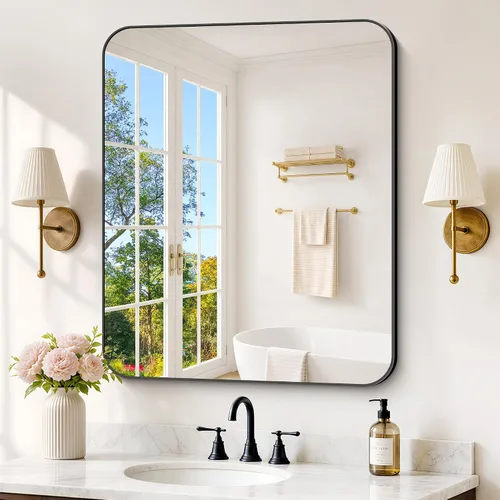 Vista 20 de FORBATH - Espejo de baño negro para sobre lavabo, espejo de pared de 16x24 pulgadas con marco de metal, esquinas redondeadas para baño, dormitorio