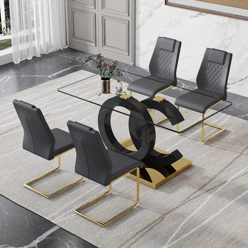 Vista 8 de Ebullient - Juego de mesa de comedor de vidrio para 4, juego de mesa y sillas de 5 piezas, mesa de comedor rectangular moderna con tapa de vidrio