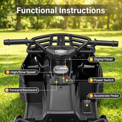 Vista 5 de Hikole 24V ATV 4 ruedas para niños 3-6, paseo eléctrico Quad, ruedas Negro
