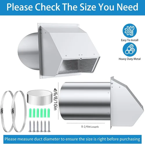 Vista 2 de Cubierta de ventilación de pared de 4 pulgadas con pantalla y amortiguador, cubierta de ventilación de escape de acero inoxidable resistente, tubo