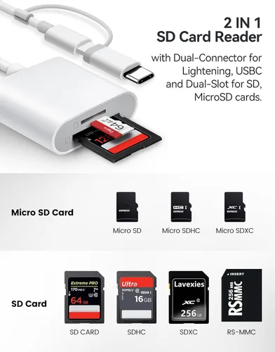 Vista 2 de BnmxTek Lector de Tarjetas SD para iPhone, Adaptador de Tarjeta SD con Conector Dual Lightning y USB-C para iPhone 5-14, iPhone 15 con USB-C, iPad