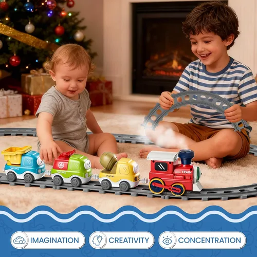 Vista 6 de Juego de tren eléctrico para niños pequeños con sonido y luces, juguetes de tren de conexión magnética con pistas y señales de tráfico, regalo