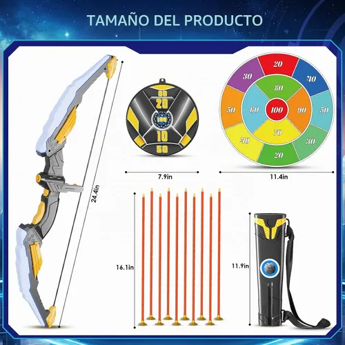 Vista 7 de Juego de arco y flecha para niños con luz LED, juego de tiro con arco con 10 flechas de ventosa, 2 objetivos de tiro con arco para interiores