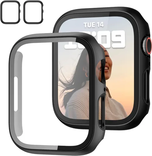 Vista 24 de JZK - 2 fundas con protector de pantalla de vidrio templado para Apple Watch Series 3/2/1 de 38 mm, ultradelgadas, de cobertura completa Negro/Negro