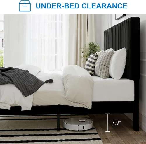 Vista 5 de GOLDORO Base de cama tapizada de terciopelo de tamaño matrimonial con cabecera capitoné de canal vertical, soporte de listones de madera,