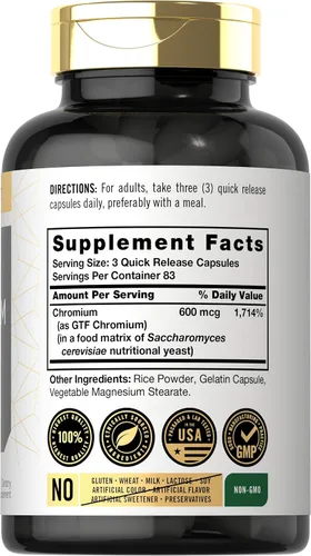 Vista 2 de Carlyle Suplemento de cromo GTF 600 mcg 250 cápsulas Factor de tolerancia a la glucosa Fórmula sin OMG y sin gluten