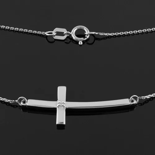 Vista 2 de Collar con colgante de diamante cruzado lateral curvado de plata esterlina