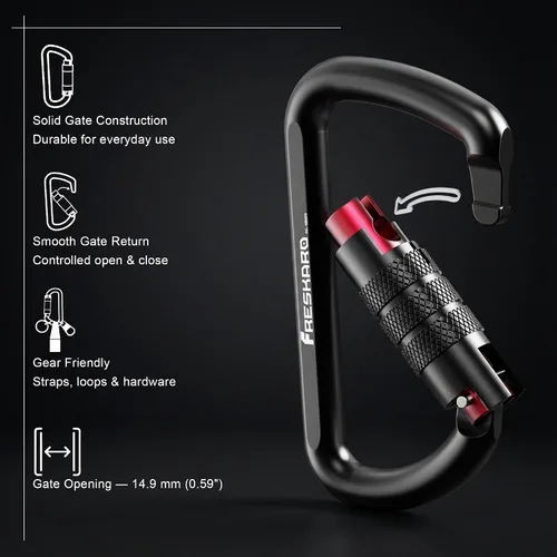 Vista 3 de FresKaro Clips de Mosquetón con Bloqueo Automático de 3 pulgadas, 12 kN-2698 libras, Forma D Sólida, Aluminio 7075 de Servicio Pesado, Ligero, 1.09