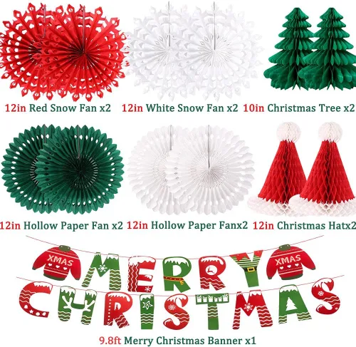 Vista 2 de Decoraciones de fiesta de Navidad, pancarta de Feliz Navidad, panal de abeja, sombreros de Papá Noel, árboles, copos de nieve, abanicos de papel