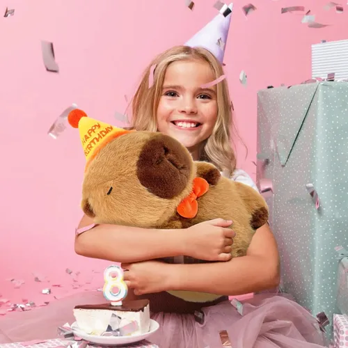 Vista 7 de Ditucu Lindo Peluche de Capibara con Sombrero de Cumpleaños Feliz y Lazo, Animal de Peluche Suave, Juguetes de Peluche para Niños, Decoración