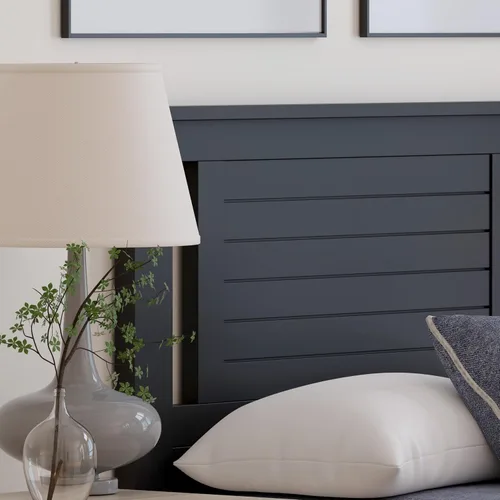 Vista 6 de ComfIQ Serene - Cabecero de panel de madera maciza con puntuación horizontal, tamaño individual, negro, fácil montaje, materiales de calidad