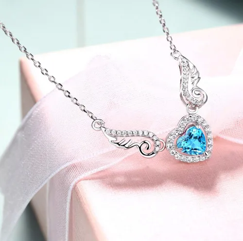 Vista 2 de Fine Jewelry - Collar con colgante de plata de ley 925, piedra preciosa natural, topacio azul suizo, amatista, peridoto, amor, corazón, alas de ángel