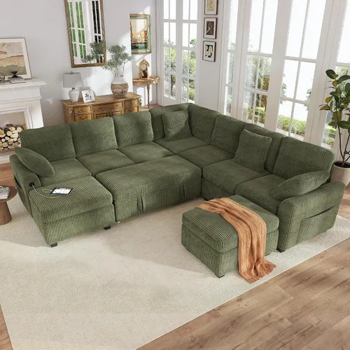 Vista 13 de Hanherry - Sofá seccional con sofá cama extraíble, sofá cama de chenilla con 2 asientos de almacenamiento y carga USB, cómodos sofás modulares