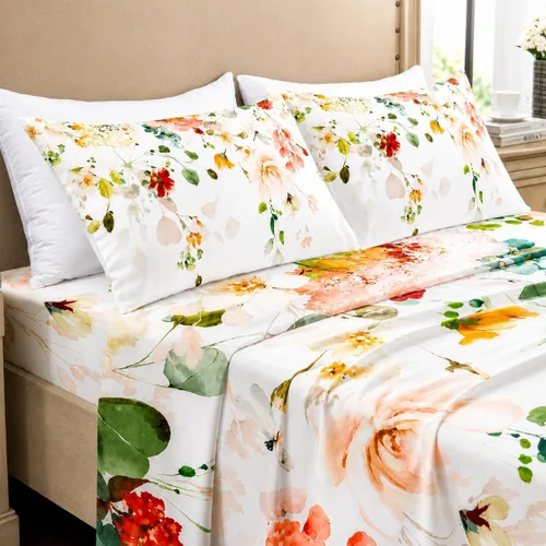 Vista 32 de YIYEA Juego de sábanas individuales, sábanas de hotel de calidad de 1800 hilos de microfibra doble cepillada con flores para cama individual, extra