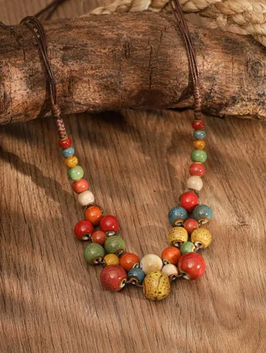 Vista 3 de MINACHI Hippie Boho - Collar de cuentas redondas de cerámica colorida, estilo bohemio, regalo de joyería para mujer