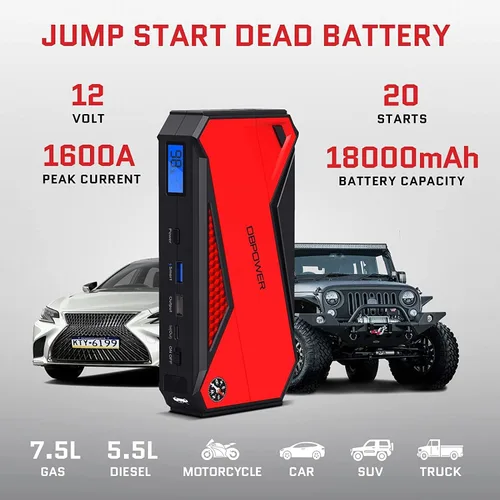 Vista 2 de DBPOWER Arrancador de coche portátil Peak 1600A 18000mAh (hasta 7.2 gasolina, motores diésel de 5.5L) con puerto de carga inteligente, pantalla LCD
