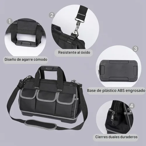 Vista 4 de Bolsa de herramientas resistente con 16 bolsillos, organizador de herramientas impermeable de 16 pulgadas con base reforzada, correa de hombro