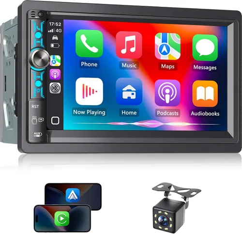 Vista 9 de Estéreo de auto doble DIN con pantalla táctil HD de 7 pulgadas, Apple Carplay inalámbrico y Android Auto, Bluetooth, 240W, SWC, salida de subwoofer