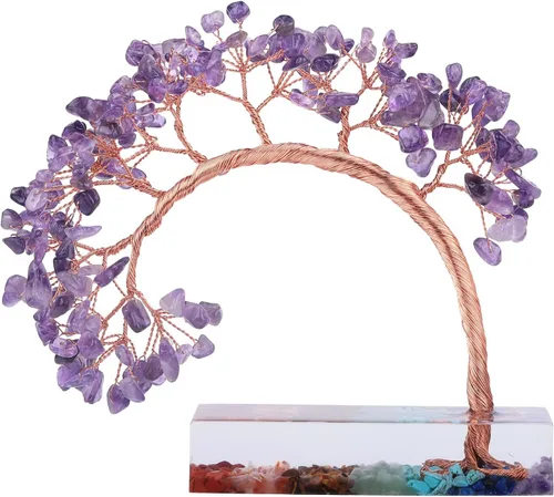 Vista 9 de rockcloud Árbol de dinero de piedra de cristal aguamarina con base de resina de chakras, hecho a mano, árbol bonsái de Feng Shui, decoración de Azul