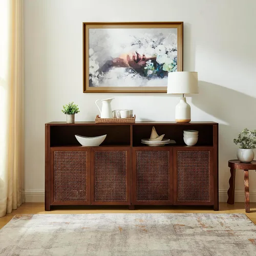 Vista 10 de Mesa consola estrecha de 39 pulgadas con puertas huecas, aparador moderno de mediados de siglo con 2 orificios de salida, gabinete de almacenamiento