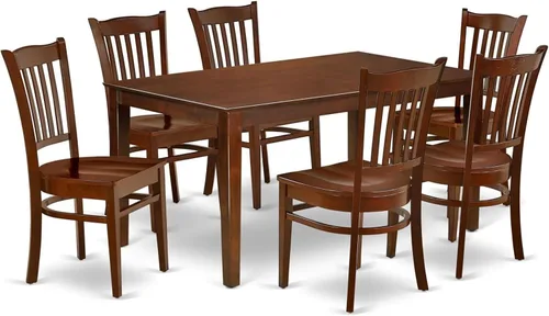 Vista 12 de HomeStock El juego de mesa de comedor moderno de 7 piezas consta de una mesa rectangular de madera y 6 sillas tapizadas de tela de lino café, 36 x